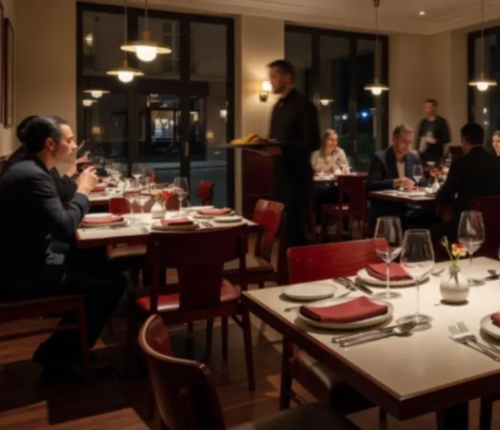 Salle de restaurant Atelier Cerise en soirée, tables élégantes et lumière tamisée