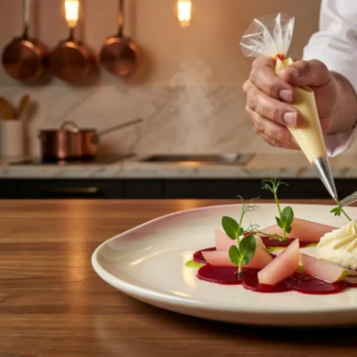 Le chef d'Atelier Cerise en train de composer une assiette gastronomique