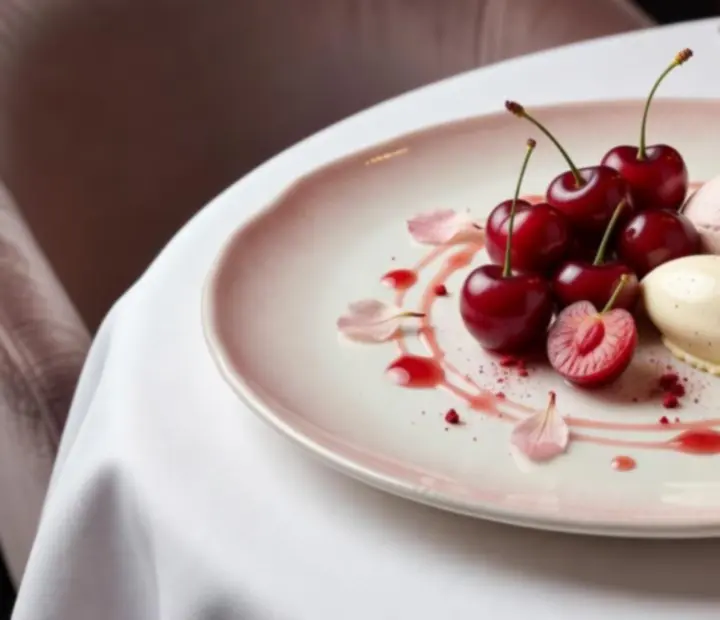 Dessert signature à la cerise dressé avec élégance