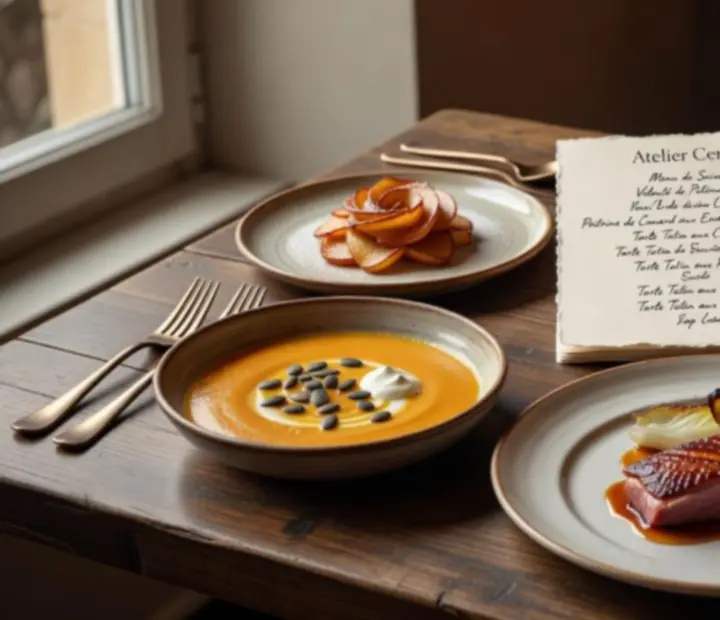 Assortiment de mets gastronomiques et amuse-bouches raffinés préparés pour un menu d’événement à l’Atelier Cerise.