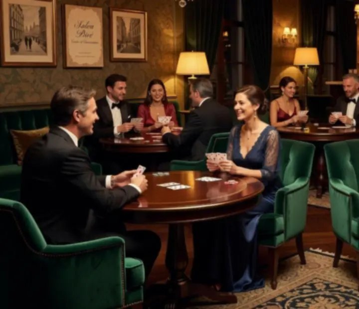 Salon de jeux d'Atelier Cerise en soirée avec tables de cartes et ambiance feutrée